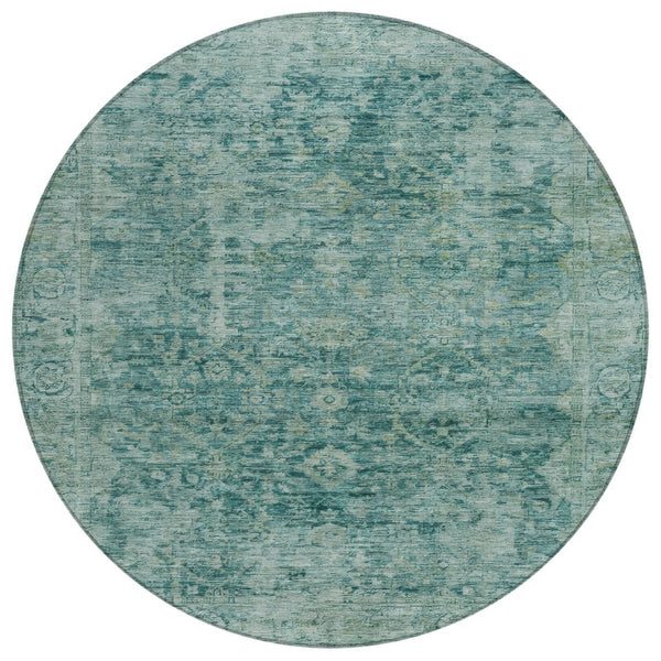 HomeRoots 8' Teal Blue and Olive Green Round Area Rug - Stylish, Washable, Durable for Indoor & Outdoor Spaces 620577