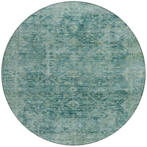 HomeRoots 8' Teal Blue and Olive Green Round Area Rug - Stylish, Washable, Durable for Indoor & Outdoor Spaces 620577
