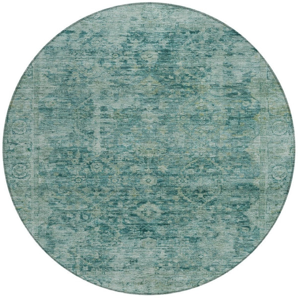 HomeRoots 8' Teal Blue and Olive Green Round Area Rug - Stylish, Washable, Durable for Indoor & Outdoor Spaces 620577