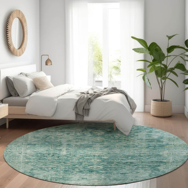 HomeRoots 8' Teal Blue and Olive Green Round Area Rug - Stylish, Washable, Durable for Indoor & Outdoor Spaces 620577