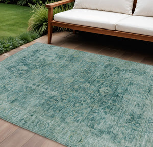 HomeRoots 9' X 12' Stylish Teal Blue & Olive Green Abstract Area Rug - Washable, Durable for Indoor/Outdoor Use 620579