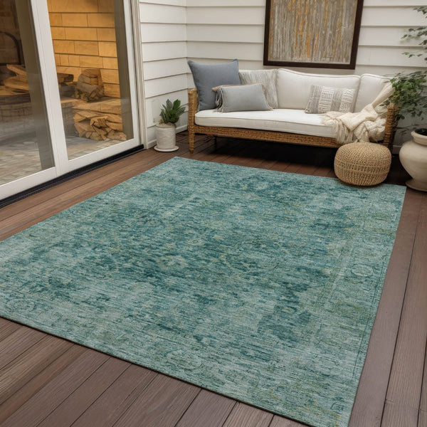 HomeRoots 9' X 12' Stylish Teal Blue & Olive Green Abstract Area Rug - Washable, Durable for Indoor/Outdoor Use 620579