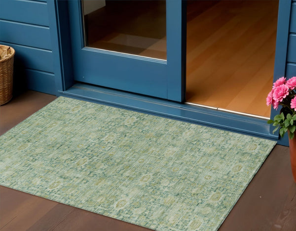 HomeRoots 5' Stylish Artichoke Green & Teal Blue Oriental Washable Area Rug for Indoor & Outdoor Spaces 620582