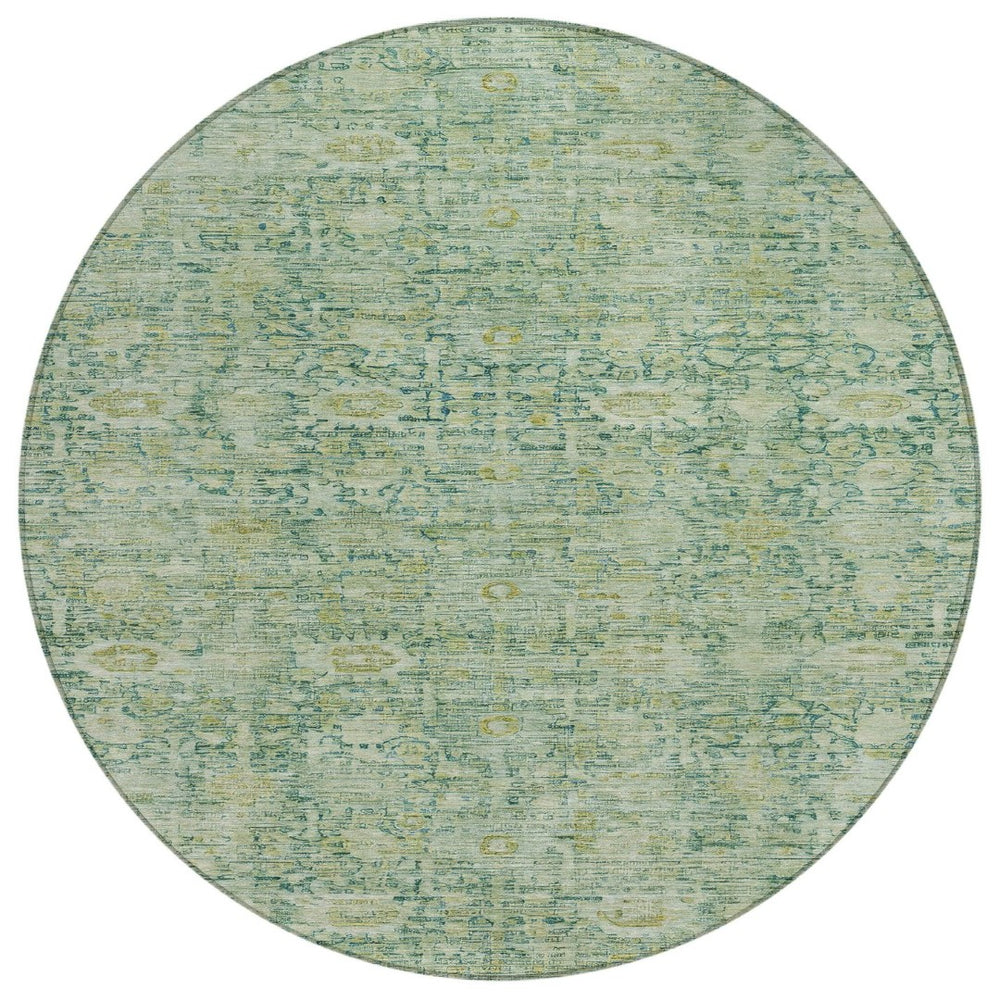 HomeRoots 8' Vibrant Artichoke Green & Teal Blue Round Oriental Area Rug – Washable for Indoor & Outdoor Use! 620583