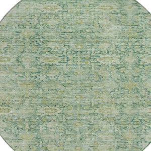 HomeRoots 8' Vibrant Artichoke Green & Teal Blue Round Oriental Area Rug – Washable for Indoor & Outdoor Use! 620583