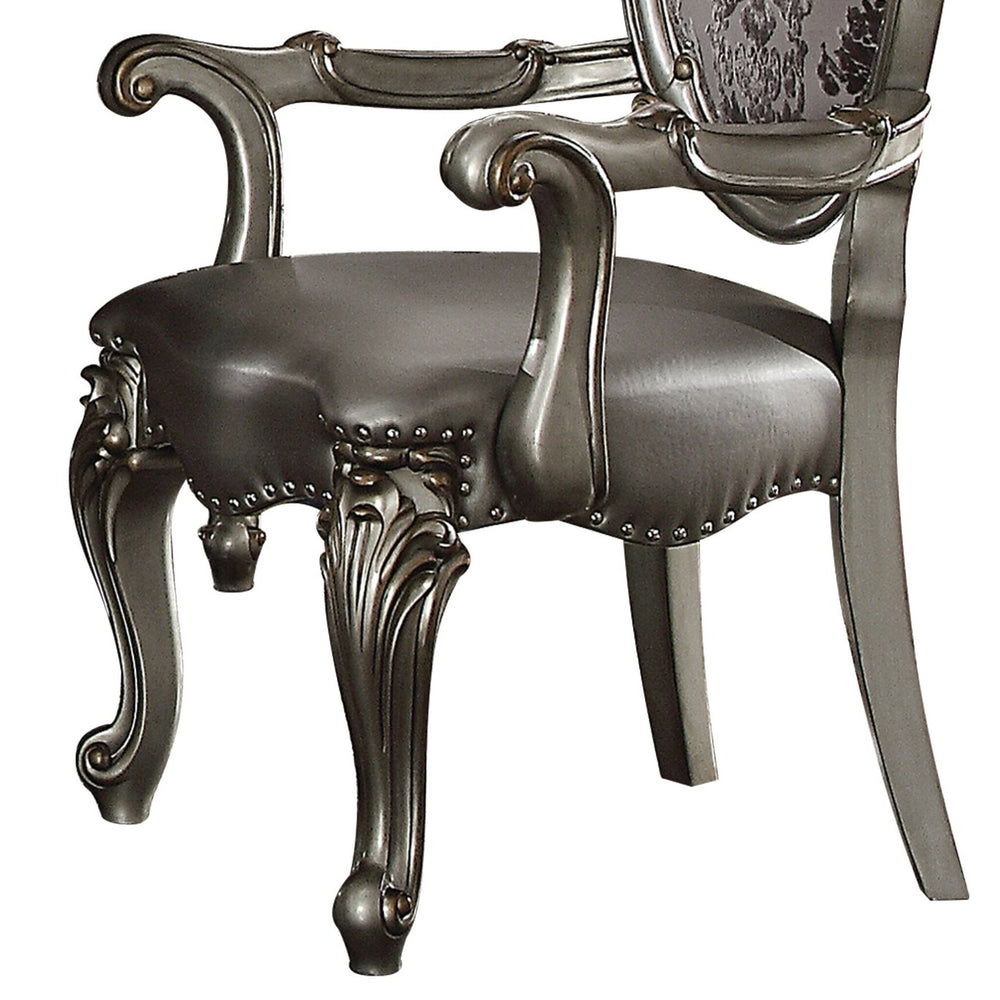 English Elm Silver Oval-Back Arm Chairs (Set of 2) with Leaf Crown Motif, Silver PU & Floral Fabric, Nailhead Trim B062P209288