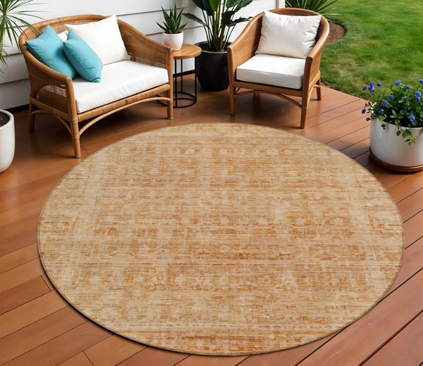 HomeRoots 8' Coral and Peach Round Area Rug - Stylish Abstract Design, Durable & Washable for Indoor/Outdoor Use 620607