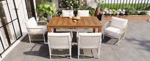 English Elm Topmax Outdoor Acacia Wood Dining Set with Six Pe Wicker Arm Chairs for Backyard SP100033AAN