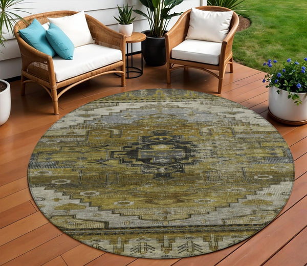 HomeRoots 8' Round Tribal Area Rug - Washable, Durable, and Stylish for Indoor & Outdoor Spaces, Brown/Gray/Ivory 620643