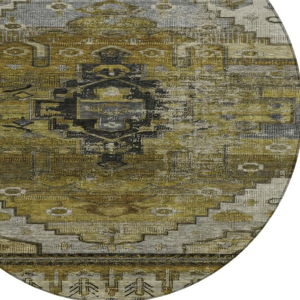 HomeRoots 8' Round Tribal Area Rug - Washable, Durable, and Stylish for Indoor & Outdoor Spaces, Brown/Gray/Ivory 620643