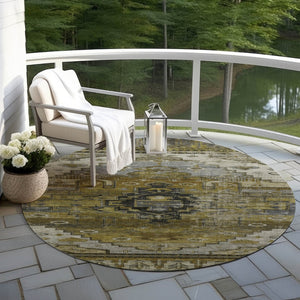 HomeRoots 8' Round Tribal Area Rug - Washable, Durable, and Stylish for Indoor & Outdoor Spaces, Brown/Gray/Ivory 620643