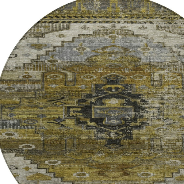 HomeRoots 8' Round Tribal Area Rug - Washable, Durable, and Stylish for Indoor & Outdoor Spaces, Brown/Gray/Ivory 620643