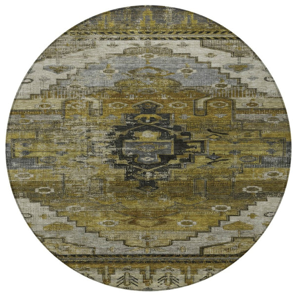 HomeRoots 8' Round Tribal Area Rug - Washable, Durable, and Stylish for Indoor & Outdoor Spaces, Brown/Gray/Ivory 620643
