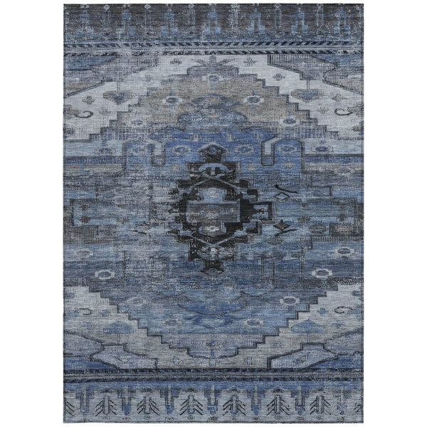 HomeRoots 5' Washable Blue Ivory Gray Tribal Area Rug - Durable Indoor Outdoor Design for Every Space! 620648