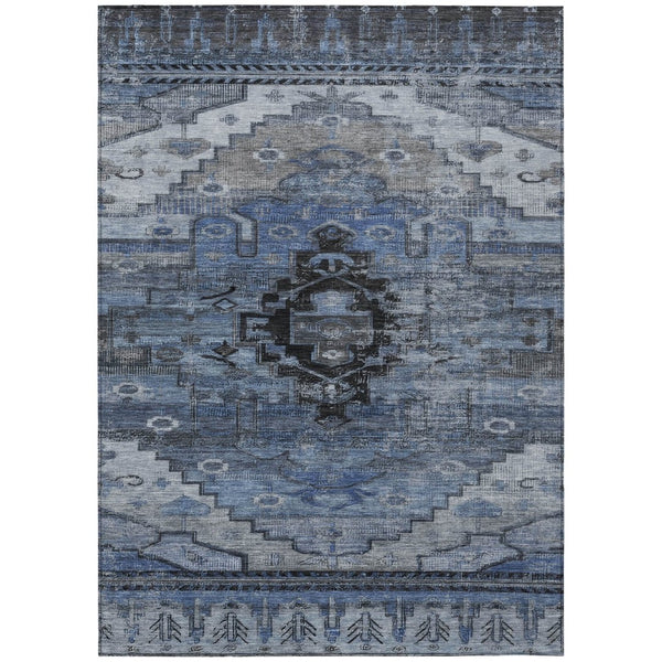 HomeRoots 5' Washable Blue Ivory Gray Tribal Area Rug - Durable Indoor Outdoor Design for Every Space! 620648