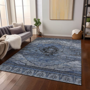 HomeRoots 5' Washable Blue Ivory Gray Tribal Area Rug - Durable Indoor Outdoor Design for Every Space! 620648