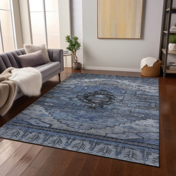 HomeRoots 5' Washable Blue Ivory Gray Tribal Area Rug - Durable Indoor Outdoor Design for Every Space! 620648