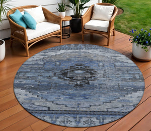 HomeRoots 8' Round Tribal Area Rug - Durable Blue, Ivory & Gray Geometric Design for Indoor & Outdoor Use 620649