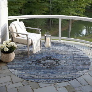 HomeRoots 8' Round Tribal Area Rug - Durable Blue, Ivory & Gray Geometric Design for Indoor & Outdoor Use 620649