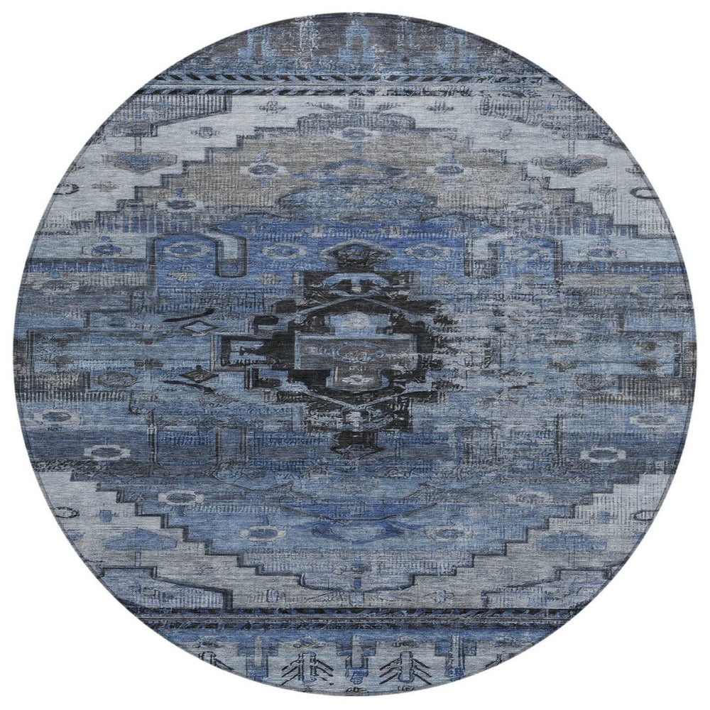 HomeRoots 8' Round Tribal Area Rug - Durable Blue, Ivory & Gray Geometric Design for Indoor & Outdoor Use 620649