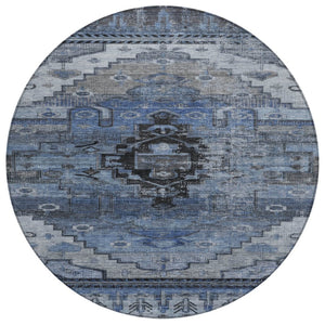 HomeRoots 8' Round Tribal Area Rug - Durable Blue, Ivory & Gray Geometric Design for Indoor & Outdoor Use 620649