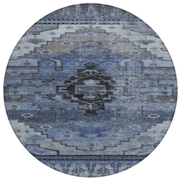HomeRoots 8' Round Tribal Area Rug - Durable Blue, Ivory & Gray Geometric Design for Indoor & Outdoor Use 620649