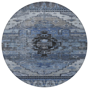 HomeRoots 8' Round Tribal Area Rug - Durable Blue, Ivory & Gray Geometric Design for Indoor & Outdoor Use 620649