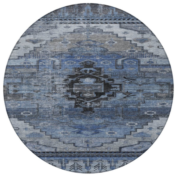 HomeRoots 8' Round Tribal Area Rug - Durable Blue, Ivory & Gray Geometric Design for Indoor & Outdoor Use 620649