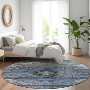 HomeRoots 8' Round Tribal Area Rug - Durable Blue, Ivory & Gray Geometric Design for Indoor & Outdoor Use 620649