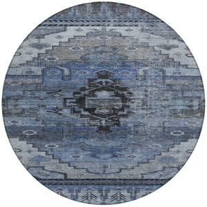 HomeRoots 8' Round Tribal Area Rug - Durable Blue, Ivory & Gray Geometric Design for Indoor & Outdoor Use 620649