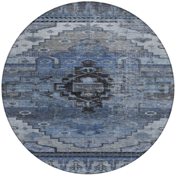 HomeRoots 8' Round Tribal Area Rug - Durable Blue, Ivory & Gray Geometric Design for Indoor & Outdoor Use 620649