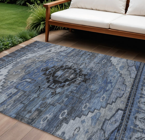 HomeRoots 9' X 12' Stylish Blue Ivory Gray Tribal Area Rug - Durable, Washable, Indoor/Outdoor Versatile Design 620651