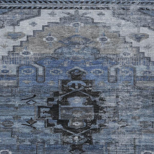 HomeRoots 9' X 12' Stylish Blue Ivory Gray Tribal Area Rug - Durable, Washable, Indoor/Outdoor Versatile Design 620651