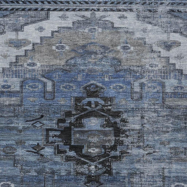 HomeRoots 9' X 12' Stylish Blue Ivory Gray Tribal Area Rug - Durable, Washable, Indoor/Outdoor Versatile Design 620651