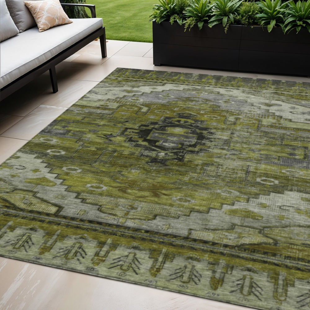 HomeRoots 5' Stylish Olive Green Ivory Gray Tribal Washable Area Rug for Indoor & Outdoor High-Traffic Spaces 620654