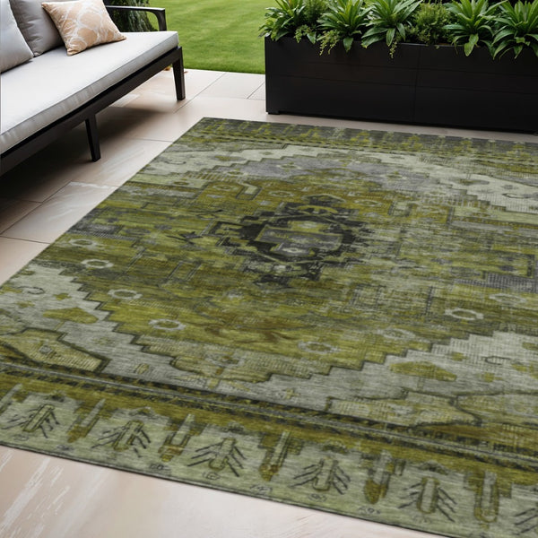 HomeRoots 5' Stylish Olive Green Ivory Gray Tribal Washable Area Rug for Indoor & Outdoor High-Traffic Spaces 620654