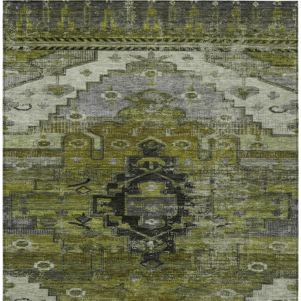 HomeRoots 5' Stylish Olive Green Ivory Gray Tribal Washable Area Rug for Indoor & Outdoor High-Traffic Spaces 620654