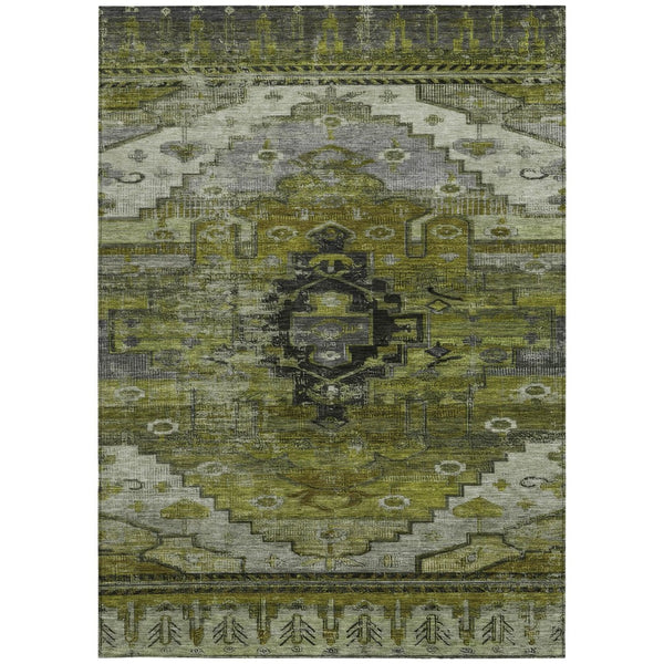HomeRoots 5' Stylish Olive Green Ivory Gray Tribal Washable Area Rug for Indoor & Outdoor High-Traffic Spaces 620654