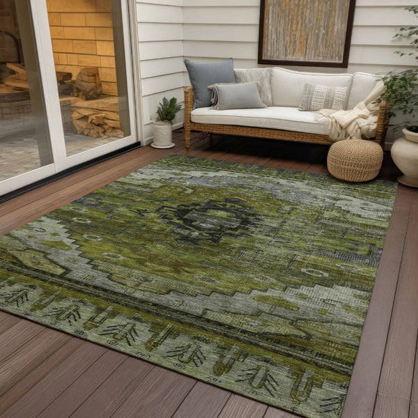 HomeRoots 5' Stylish Olive Green Ivory Gray Tribal Washable Area Rug for Indoor & Outdoor High-Traffic Spaces 620654