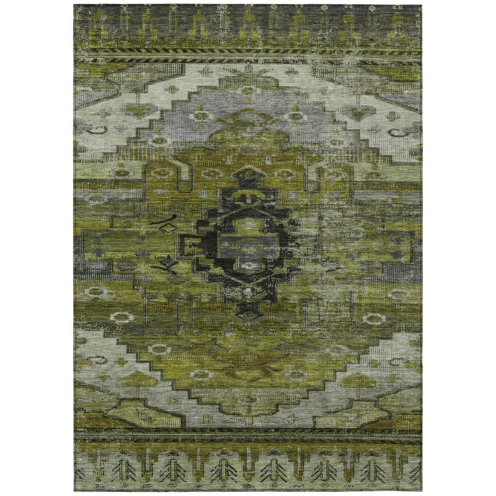 HomeRoots 5' Stylish Olive Green Ivory Gray Tribal Washable Area Rug for Indoor & Outdoor High-Traffic Spaces 620654
