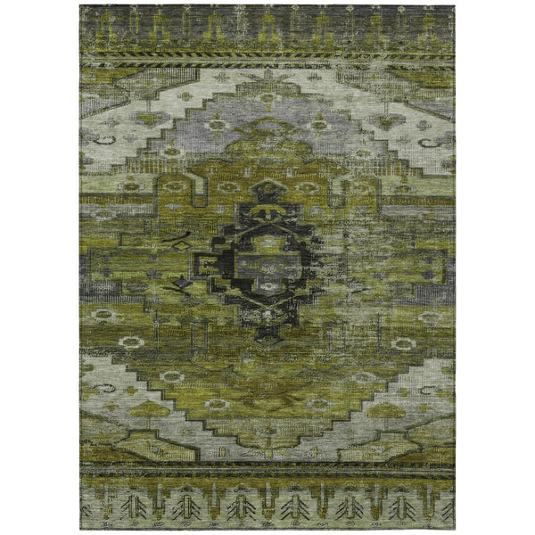 HomeRoots 5' Stylish Olive Green Ivory Gray Tribal Washable Area Rug for Indoor & Outdoor High-Traffic Spaces 620654
