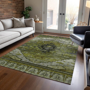 HomeRoots 5' Stylish Olive Green Ivory Gray Tribal Washable Area Rug for Indoor & Outdoor High-Traffic Spaces 620654