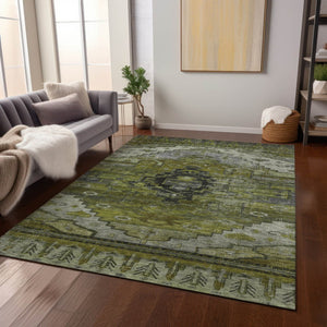 HomeRoots 5' Stylish Olive Green Ivory Gray Tribal Washable Area Rug for Indoor & Outdoor High-Traffic Spaces 620654