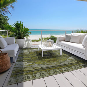 HomeRoots 5' Stylish Olive Green Ivory Gray Tribal Washable Area Rug for Indoor & Outdoor High-Traffic Spaces 620654
