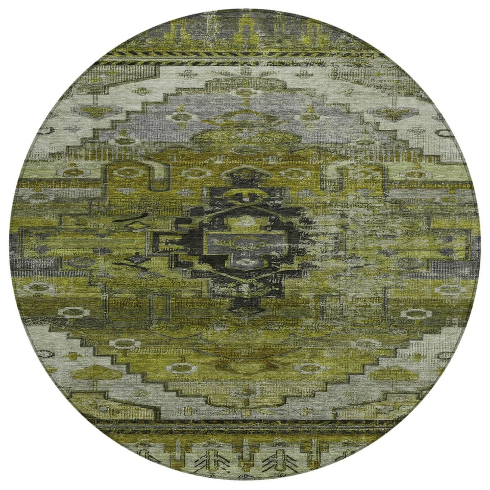 HomeRoots 8' Olive Green Tribal Round Rug - Stylish, Washable Indoor/Outdoor Area Rug for Modern Spaces 620655