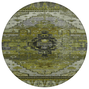 HomeRoots 8' Olive Green Tribal Round Rug - Stylish, Washable Indoor/Outdoor Area Rug for Modern Spaces 620655