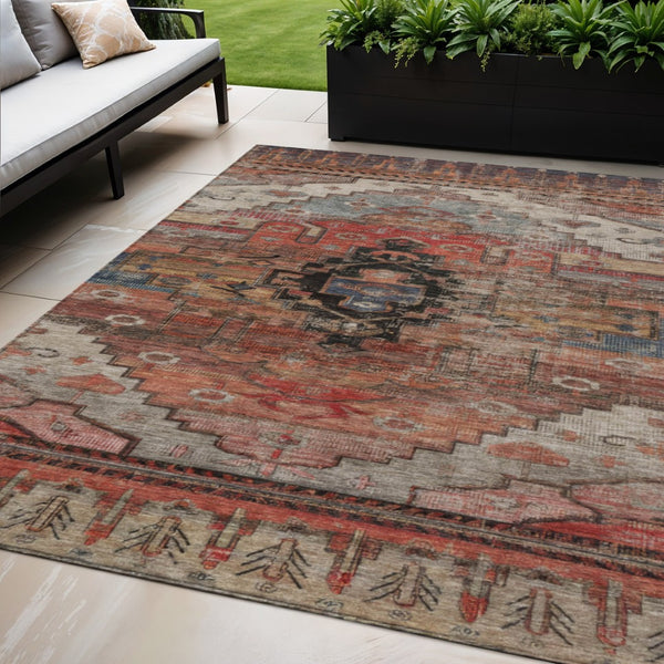 HomeRoots 5' X 8' Tribal Area Rug in Rust, Ivory & Gray - Washable, Durable for Indoor & Outdoor Spaces! 620660