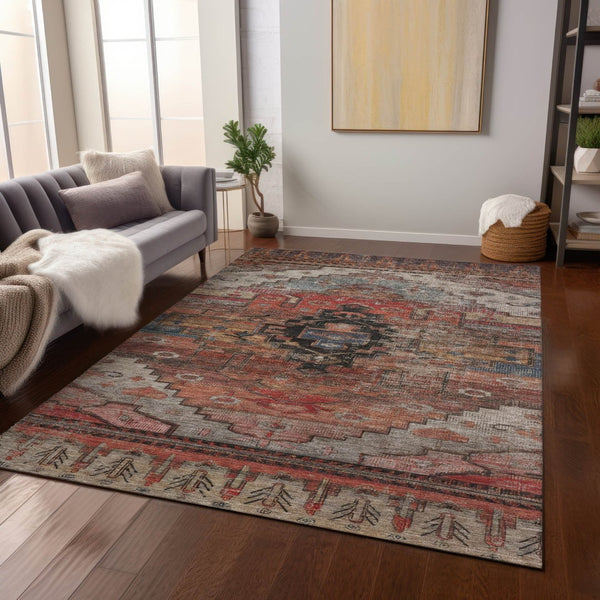 HomeRoots 5' X 8' Tribal Area Rug in Rust, Ivory & Gray - Washable, Durable for Indoor & Outdoor Spaces! 620660