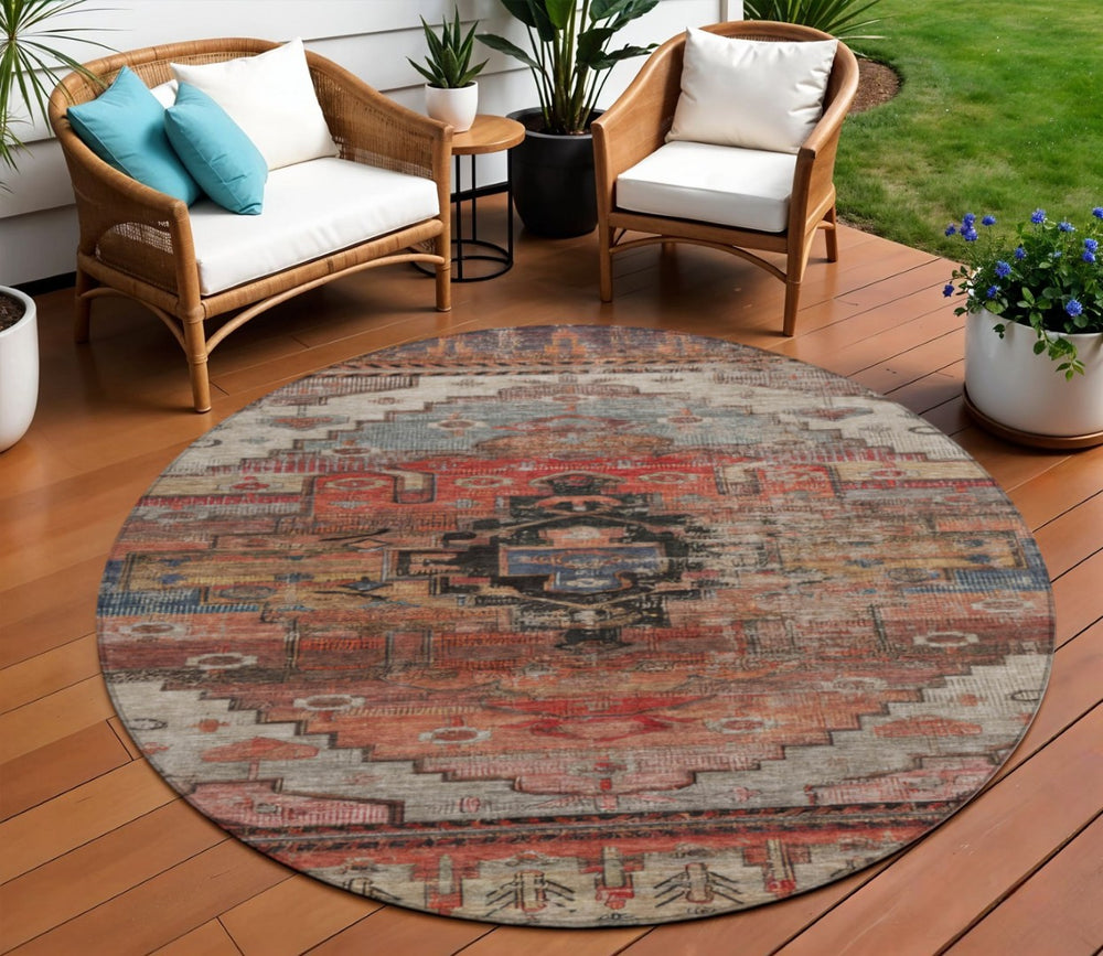 HomeRoots 8' Round Tribal Washable Area Rug in Rust, Ivory & Gray - Stylish, Durable for Indoor & Outdoor Use 620661