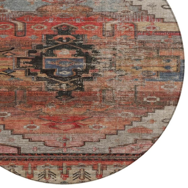 HomeRoots 8' Round Tribal Washable Area Rug in Rust, Ivory & Gray - Stylish, Durable for Indoor & Outdoor Use 620661